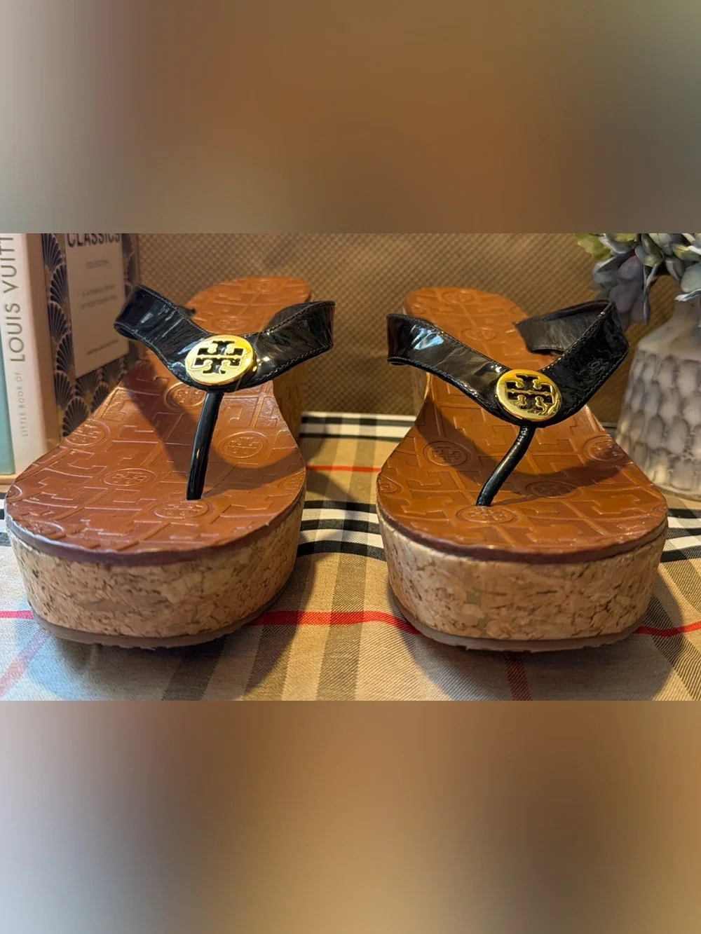 Tory Burch Black Patent Leather Wedge Thong Sandals with Gold Logo